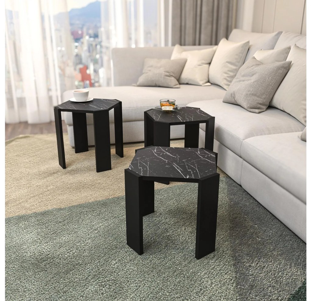 Set 3 măsuțe cafea Lorizolla (marmură negru + Negru). 1106452