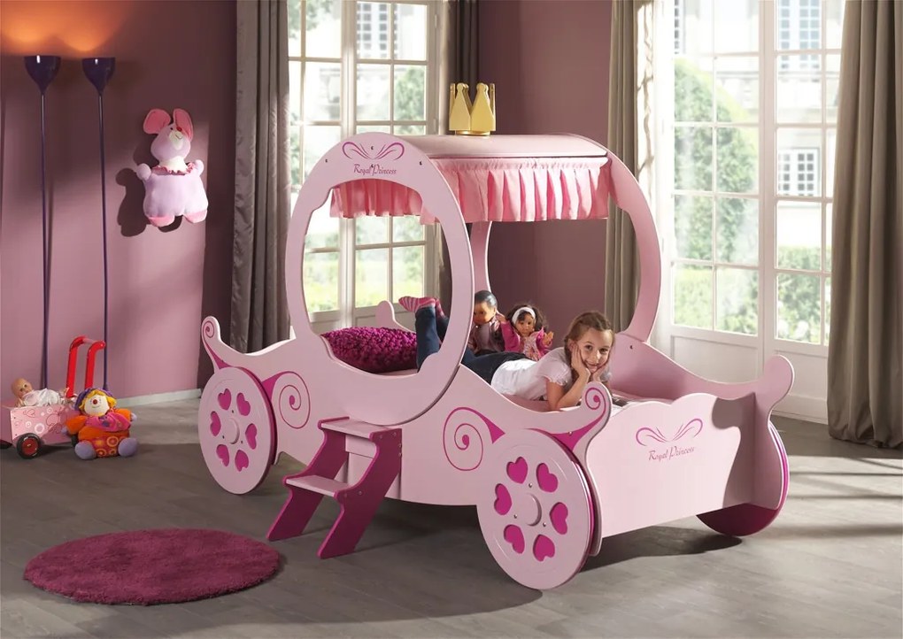 Set Pat Calească Royal Princess Kate și Saltea pentru Copii, 2 Piese, Roz (MDF) – Auto – Vipack