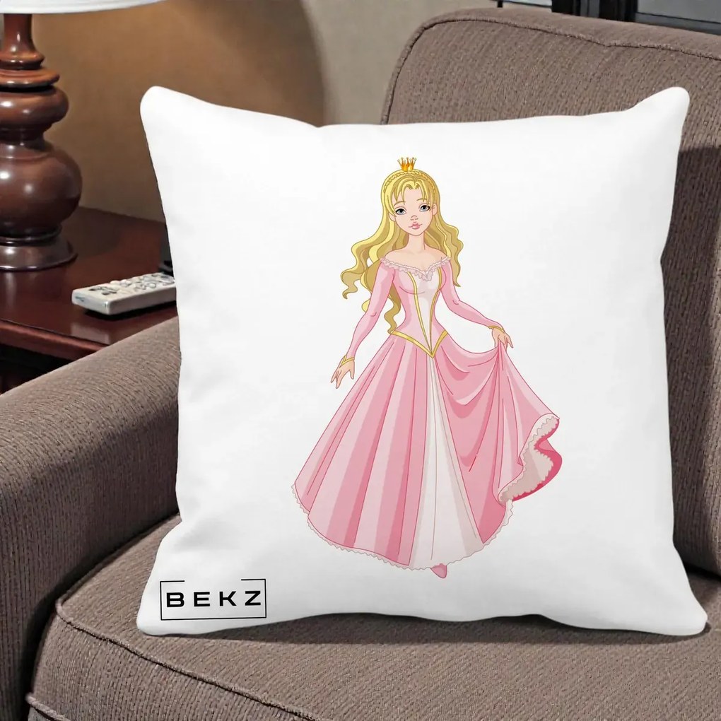 Perna Decorativa Printesa Aurora Rochie Roz, 40x40 cm, Alba Mata, Husa Detasabila, Perna Inclusa, BEKZ®
