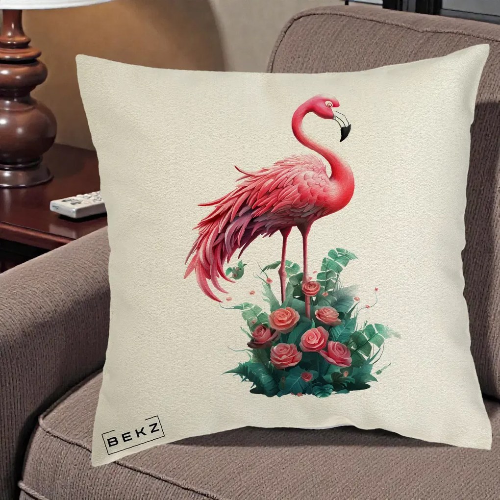 Perna Decorativa Flamingo cu Trandafiri Tropicali, 40x40 cm, Ecru, Husa Detasabila, Perna Inclusa, BEKZ®