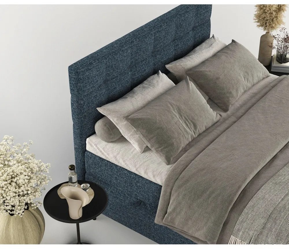 Pat boxspring albastru închis cu spațiu de depozitare 180x200 cm Urbaneo – Maison de Rêve