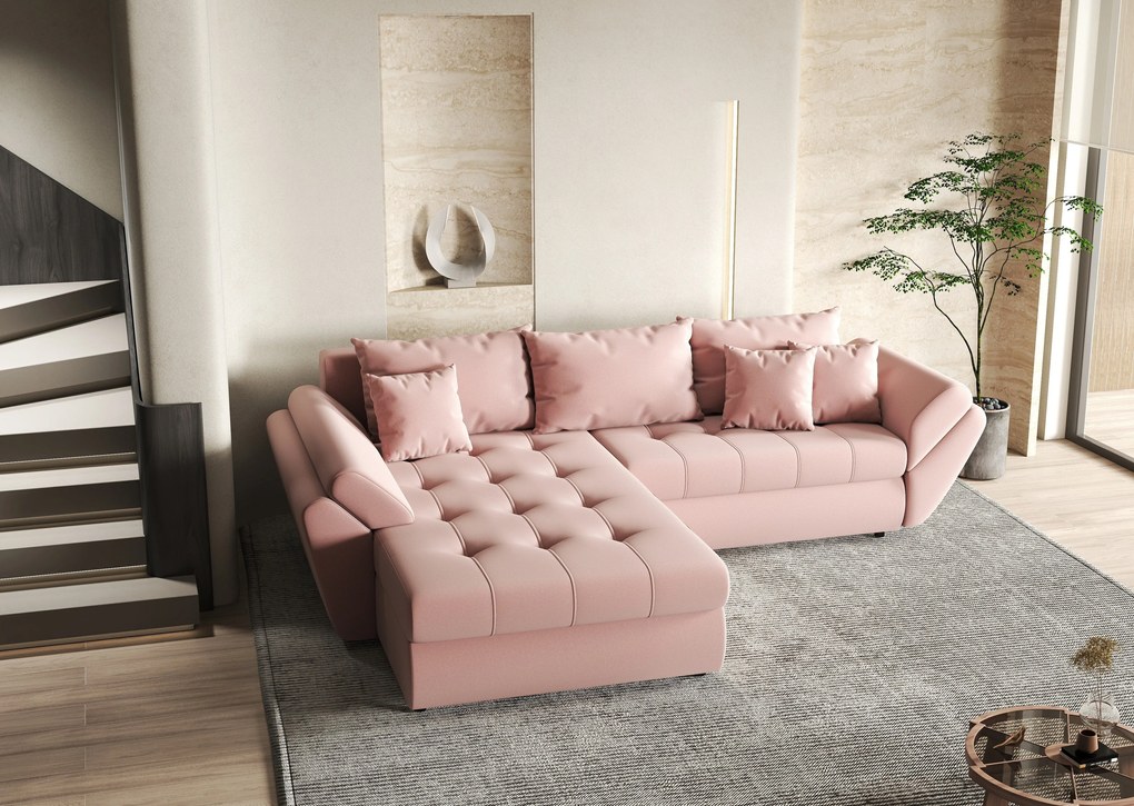 Colțar extensibil dumonde cu ladă de depozitare si sezut confortabil din spuma high-density, Loana Royal Pink 270x185 cm
