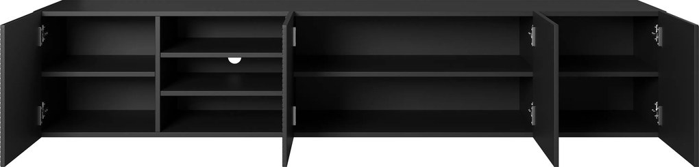 Comodă TV suspendată Asha 200 cm, fronturi riflate și nișă – negru mat