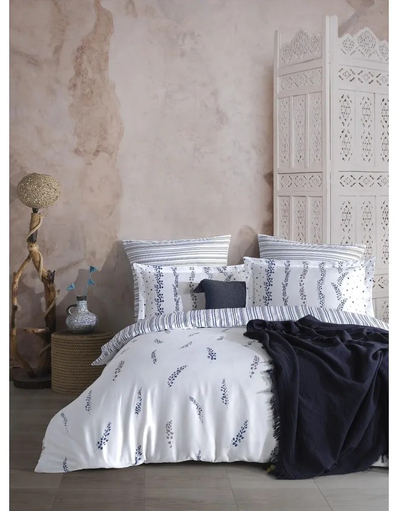 Lenjerie de pat albă-albastră din bumbac satinat pentru pat de o persoană 140x200 cm Marseille Floral – Mila Home Luxury