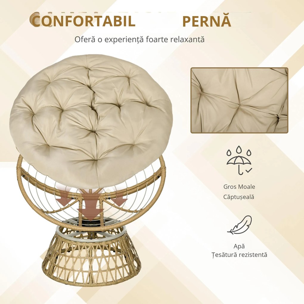 Outsunny Fotoliu din coș Fotoliu din ratan Scaun outdoor, stil boho, rezistent la intemperii, 85 cm x 70 cm x 82 cm, Crem + Natural | Aosom Romania