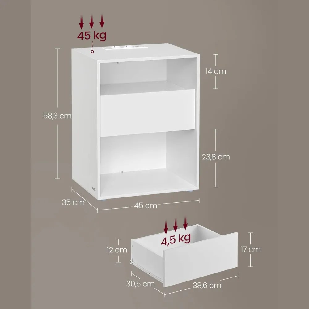 Noptieră LUCIANO cu funcție de încărcare, 35x45x58,3 cm, alb Vasagle