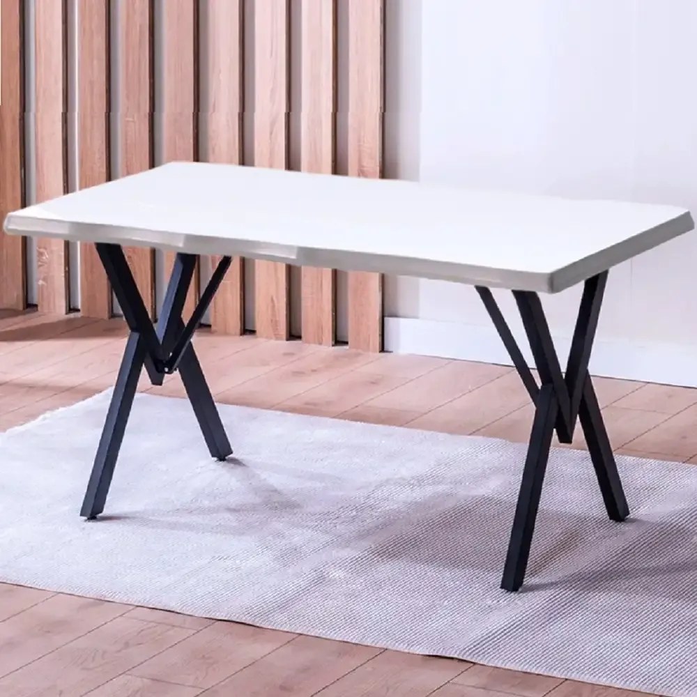 Set Masa Barton din MDF cu 4 Scaune  din metal, alb si negru, 140 cm