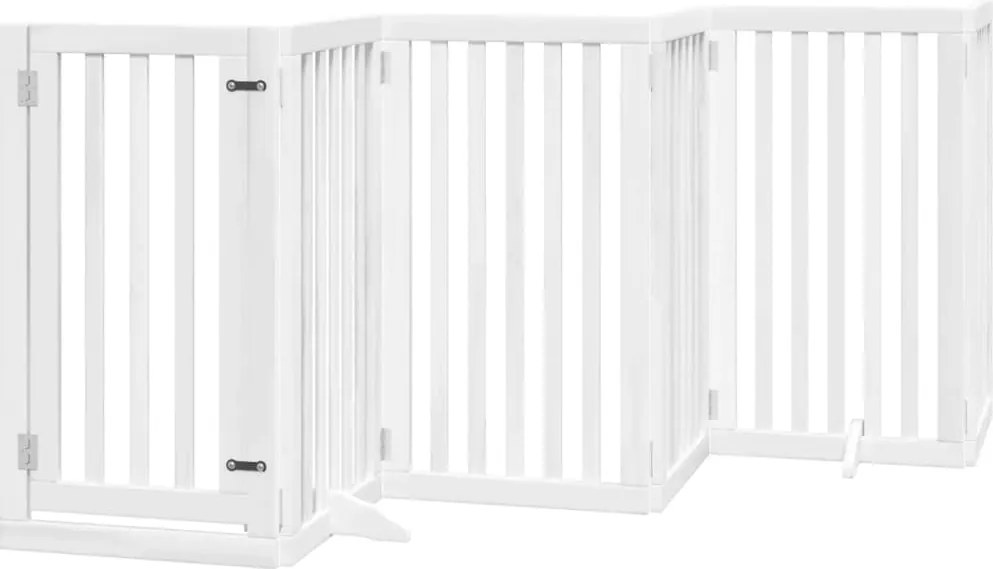 vidaXL Poartă câini pliabilă cu ușă, 6 panouri, alb, 300 cm, lemn plop