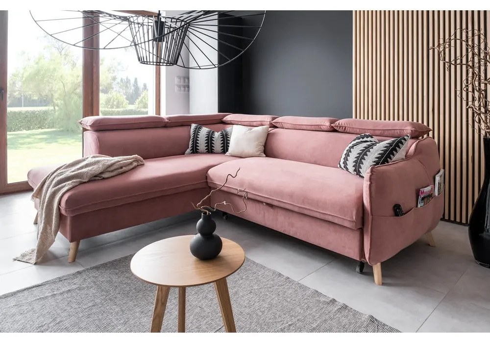 Colțar roz deschis extensibil cu tapițerie din catifea (cu colț pe partea stângă ) Sweet Harmony – Miuform