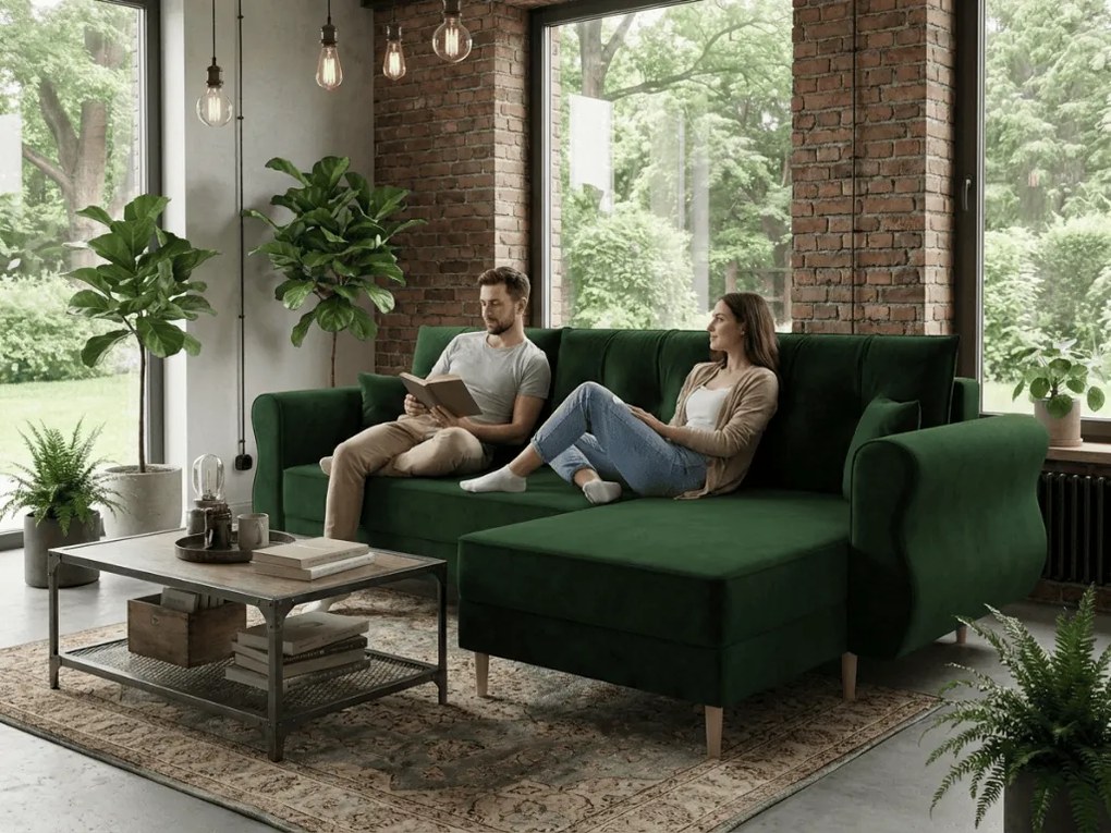 Coltar extensibil reversibil in forma de L SILVIANO 230x140 cm, verde inchis