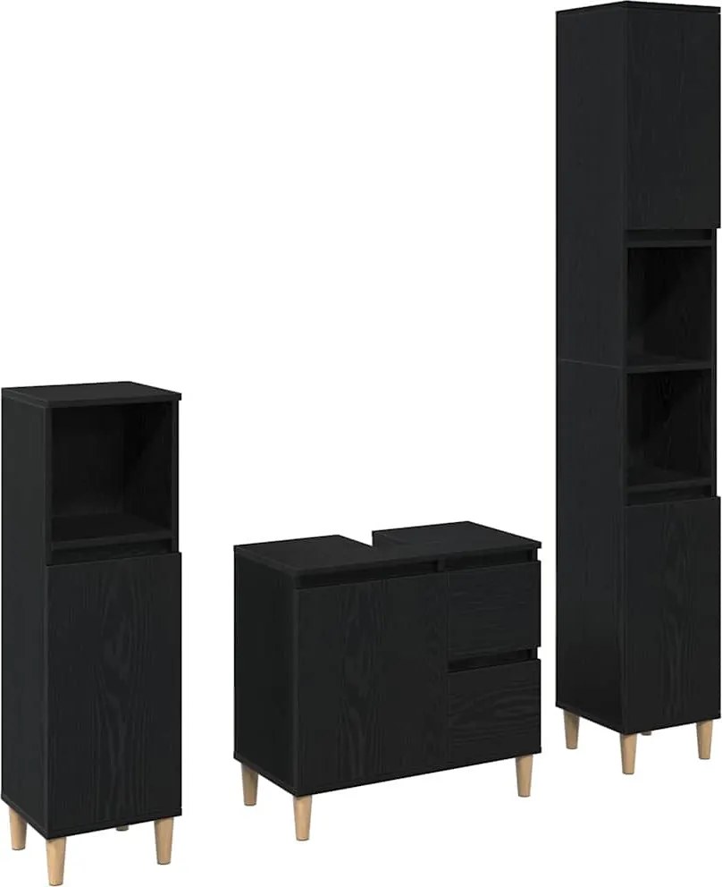 vidaXL Set de mobilier pentru baie Pe perete cu ușă 3 pcs Stejar Negru