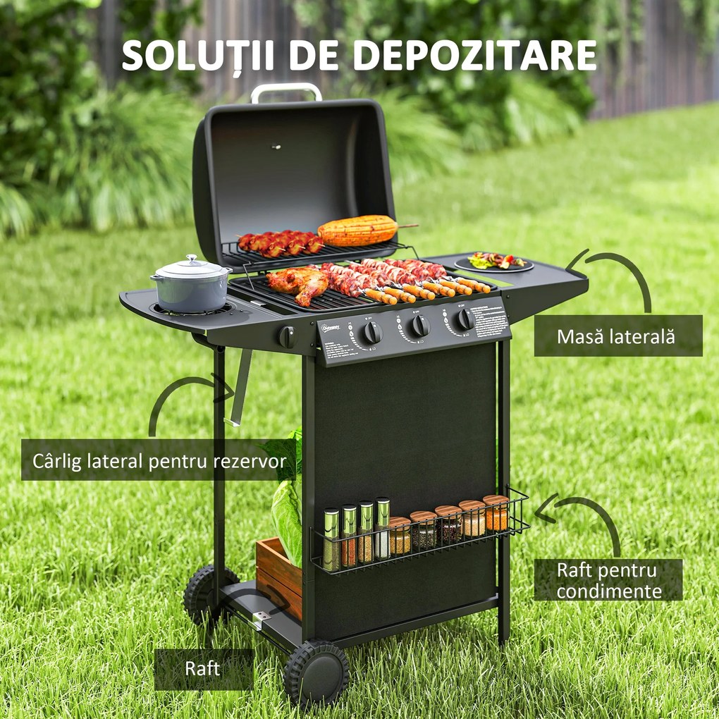 Outsunny Grătar pe Gaz cu Capac, Termometru, Masă Laterală și Tavă pentru Colectarea Grăsimii, 108x54x97 cm, Negru | Aosom Romania