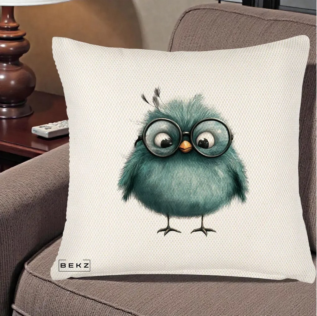 Perna Decorativa Pui Teal cu Ochelari Rotunzi, 40x40 cm, Crem Reliefat, Husa Detasabila, Perna Inclusa, BEKZ®