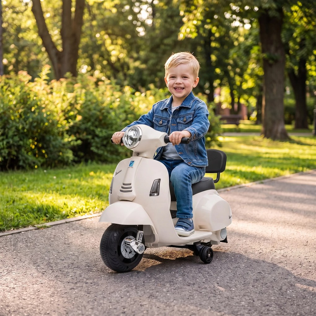 AIYAPLAY Motocicletă electrică pentru copii 1.5-3 ani mini Vespa GTS 7.2V, cu baterie litiu, spătar, roți ajutătoare, far, claxon, 2.5km/h, max. 25 Kg, alb crem | Aosom Romania