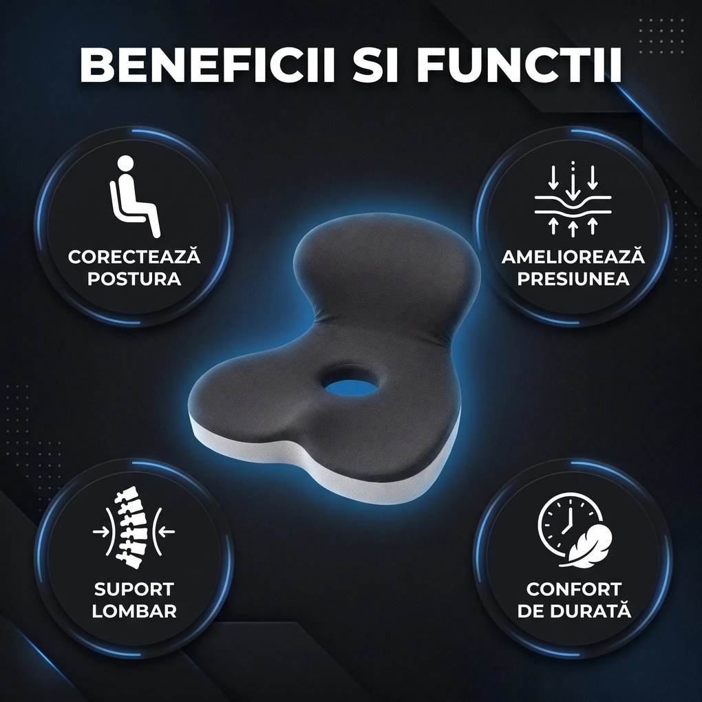 Perna ortopedica 2-in-1 sezut si suport lombar, forma L, memory foam, Gri Inchis