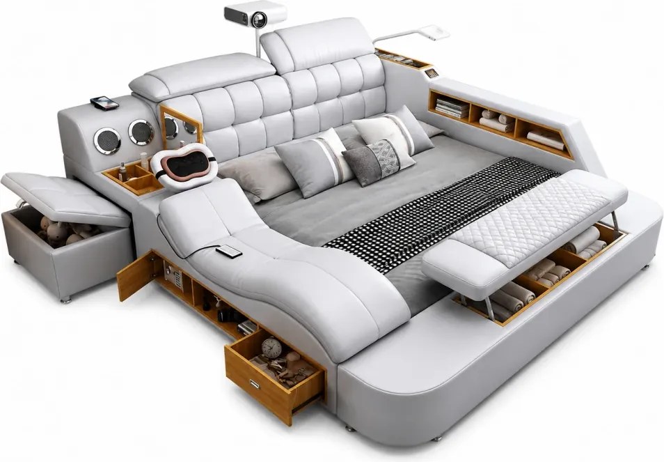 MOBLUX03 Luxury 180x200 cm Light Grey Right Chaise – Pat Inteligent Premium cu Proiector, Vibromasaj, Boxe Bluetooth, Încărcare Wireless și Spații Multiple de Depozitare