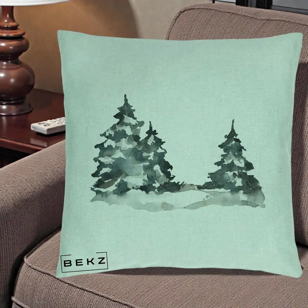 Perna Decorativa Brazi Inzapeziti Acuarela, 40x40 cm, Verde Menta, Husa Detasabila, Perna Inclusa, BEKZ®