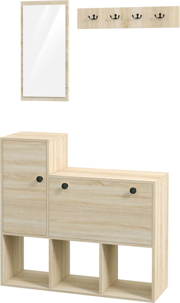 HOMCOM Mobilier pentru Hol cu Depozitare pentru 9 Perechi de Pantofi, Oglindă, Dulap, Rafturi și 4 Cârlige, 90x30x87 cm, Lemn Natural | Aosom Romania