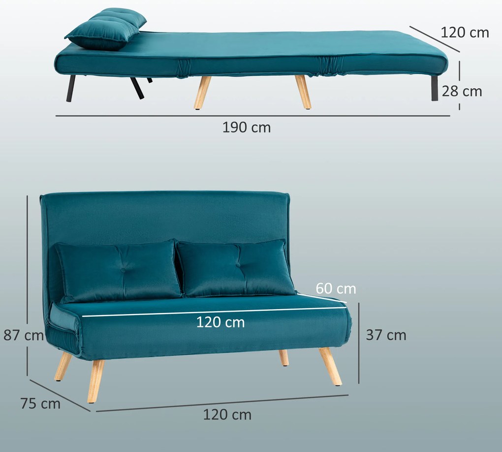 HOMCOM Canapea extensibila pentru 2 persoane, canapea pat, spatiu pentru dormit, spatar reglabil, husa din material textil, structura metalica, Verde | Aosom Romania