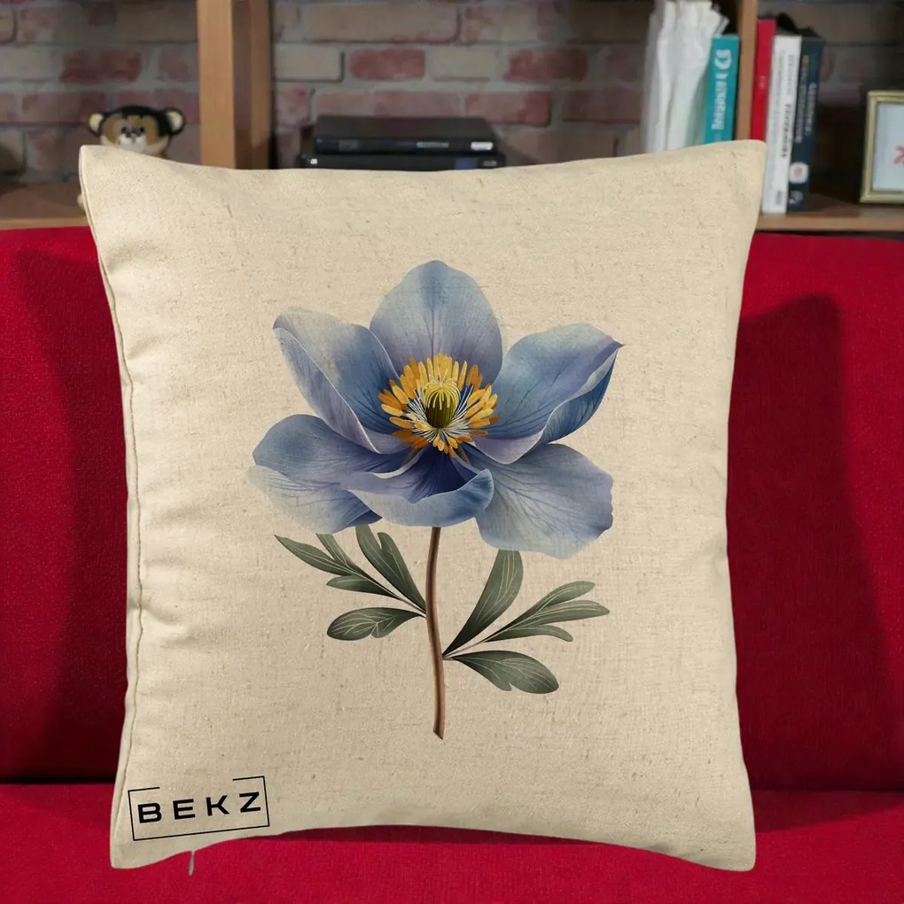 Perna Decorativa Anemona Albastra Botanica, 40x40 cm, Bej, Husa Detasabila, Perna Inclusa, BEKZ®