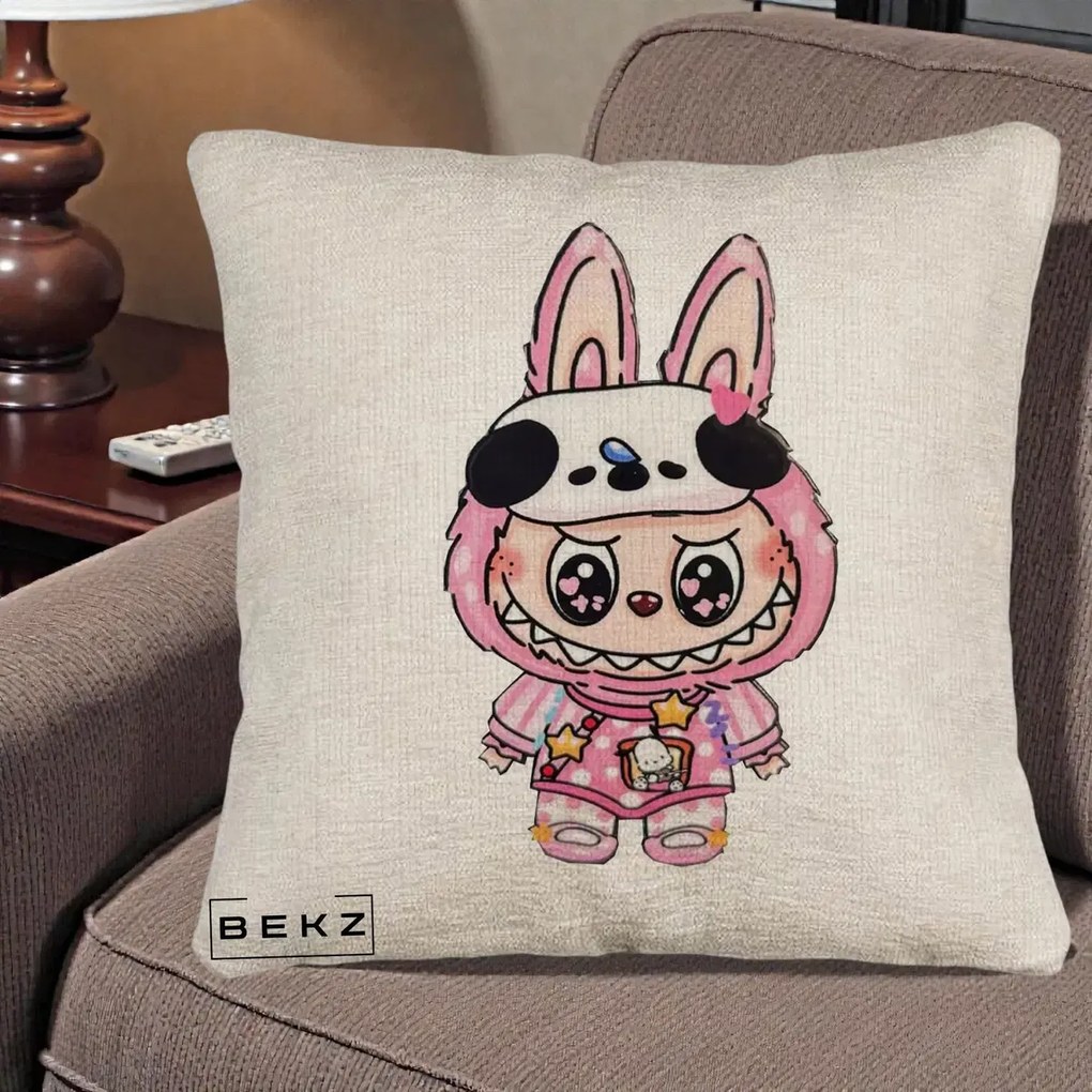 Perna Personalizata Labubu Panda-Bunny Roz, 40x40 cm, Bej Canapea, Husa Detasabila, Perna Inclusa, BEKZ®