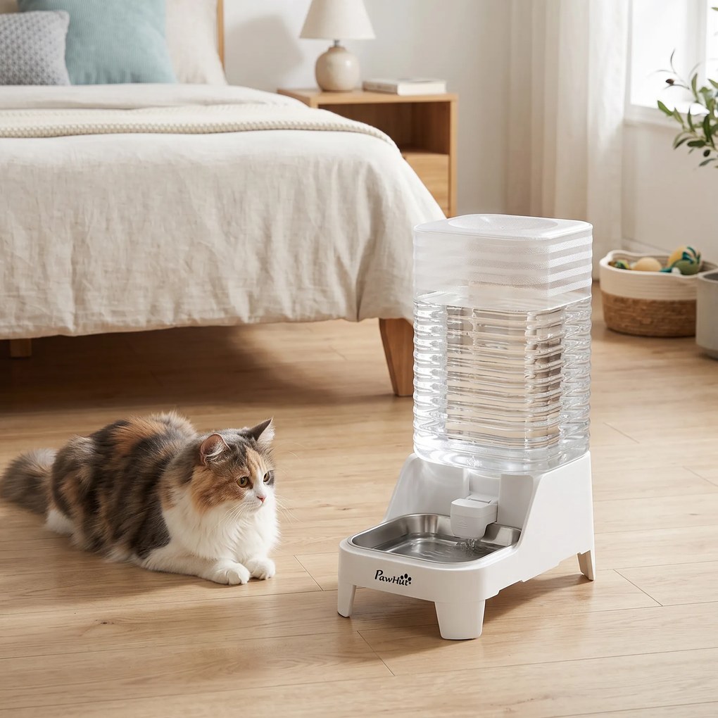 PawHut distribuitor automat de apă cu gravitație 8 L pentru pisici și câini, cu bol din inox, alb | Aosom Romania