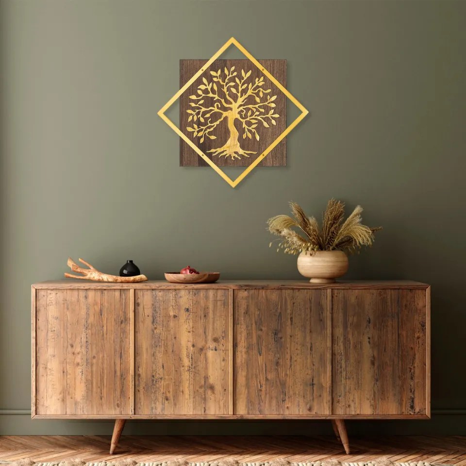 Accesoriu Decorativ de Perete Tree v2, Auriu, Metal / Lemn