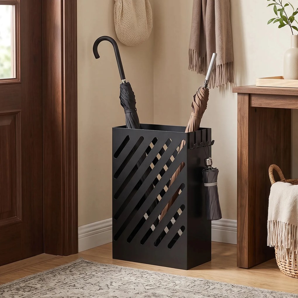 HOMCOM Suport pentru Umbrele de Design cu Tavă pentru Colectarea Picăturilor și 4 Cârlige din Metal, 28x14x41cm, Negru | Aosom Romania