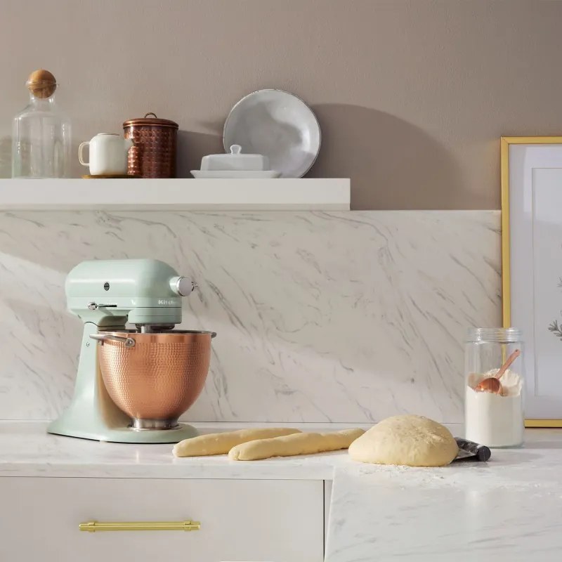 Mixer planetar KitchenAid Artisan Blossom Exclusive Design 5KSM180LEELB, 300W, 4.7L, Actionare directa, 10 viteze, Cap inclinat, Bol din cupru forjat, Verde deschis