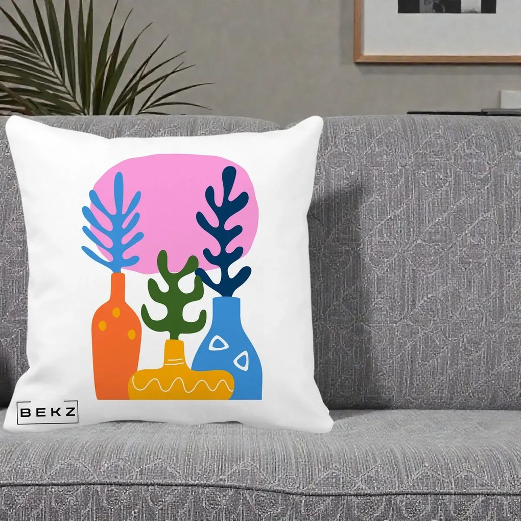 Perna Decorativa Vaze Botanice Abstract, 40x40 cm, Alba Mata, Husa Detasabila, Perna Inclusa, BEKZ®