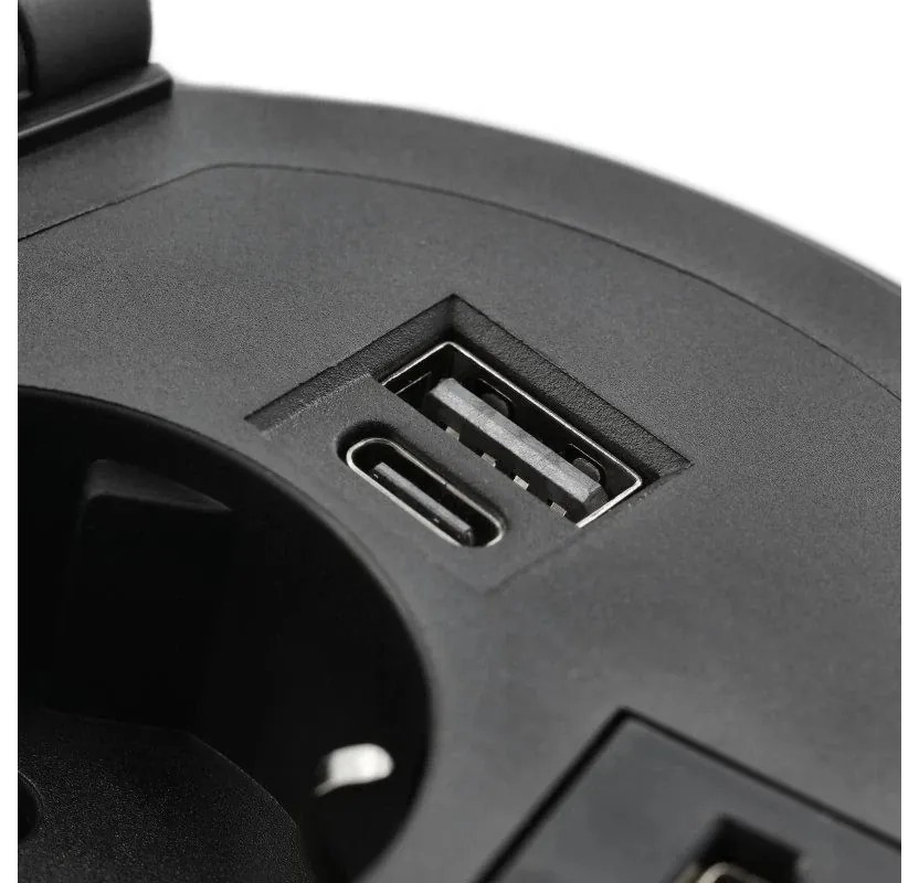 Priza incastrabila model CHARGER PLUS, 1 iesire Schuko, porturi interschimbabile USB-A, RJ45, HDMI, finisaj negru