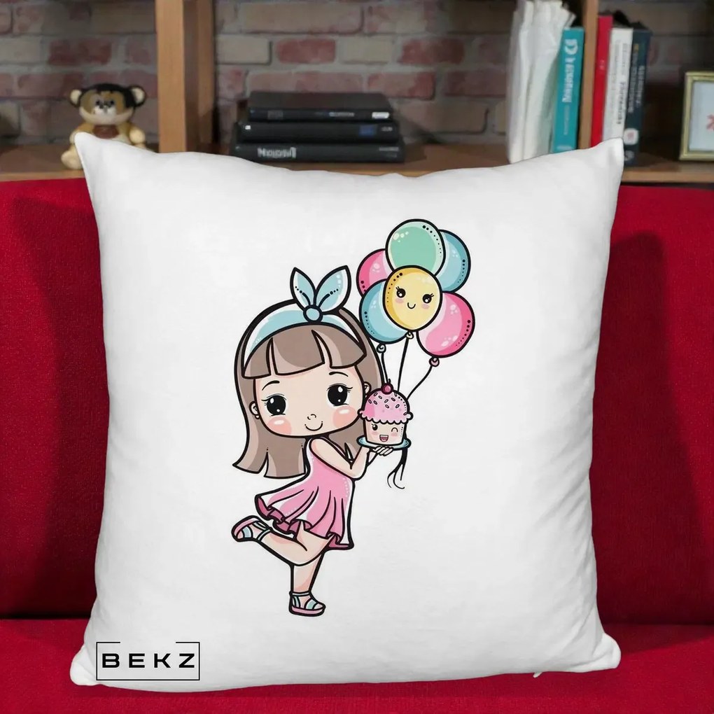 Perna Decorativa Fetita Kawaii cu Baloane si Cupcake, 40x40 cm, Alb Pufos, Husa Detasabila, Perna Inclusa, BEKZ®