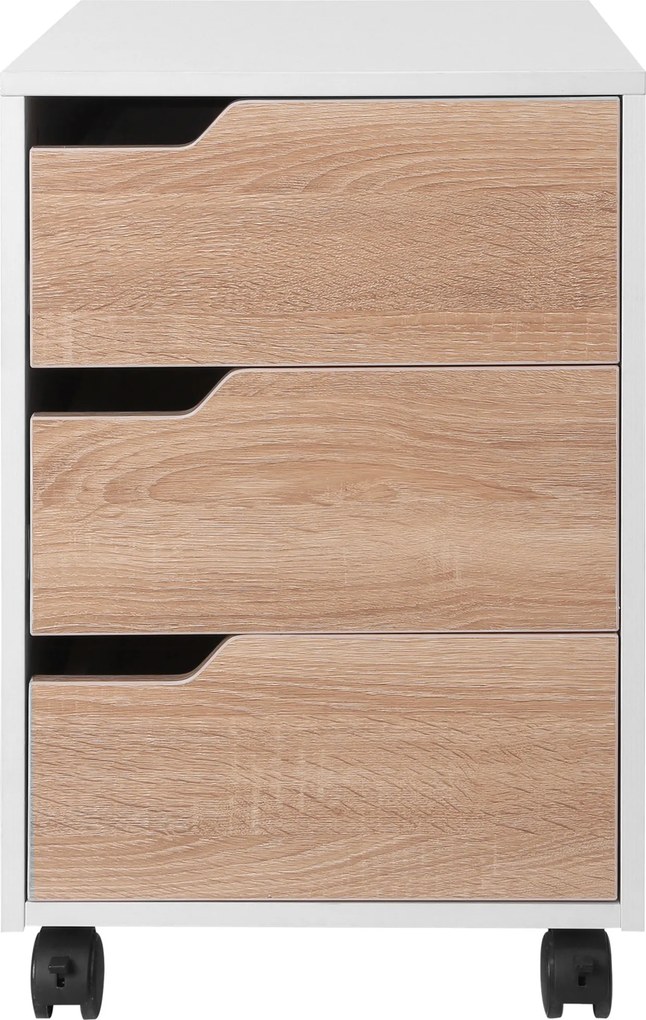 Comoda din MDF cu 3 Sertare si 4 roti cu rotatie de 360 ° (2 cu frane), pentru Birou sau Studio Alba si Lemn 31x37x7.2cm HOMCOM | Aosom Romania