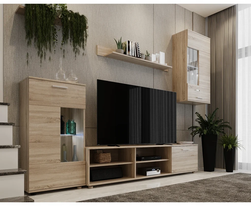 Mobilier de perete living, stejar sonoma, material DTD, FRONTAL 1 NEW