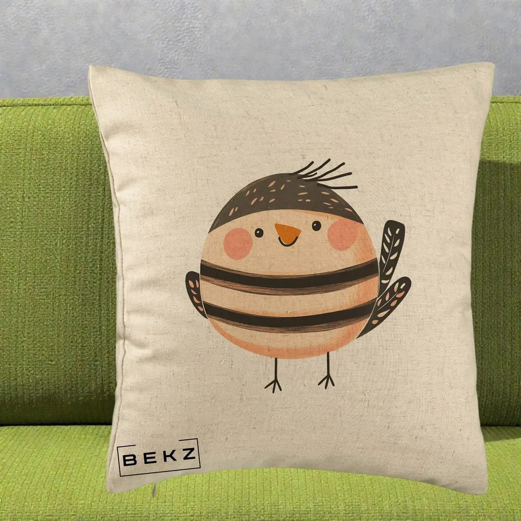 Perna Decorativa Pui Kawaii Bej-Negru Dungat, 40x40 cm, Bej, Husa Detasabila, Perna Inclusa, BEKZ®