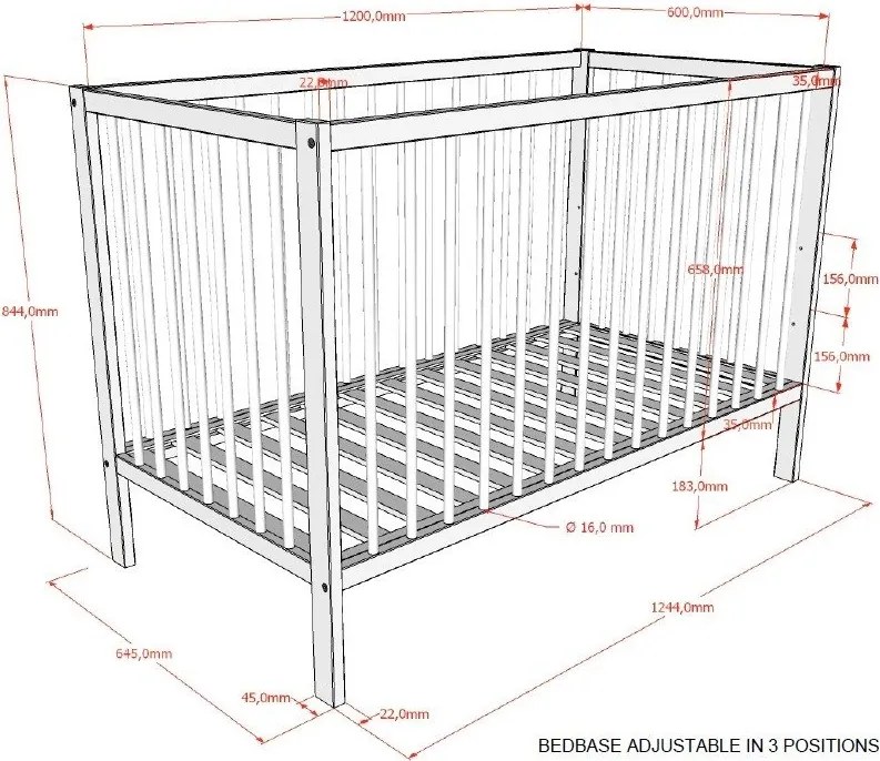 Pătuț maro din lemn de fag cu înălțime reglabilă 60x120 cm Dino – Vipack