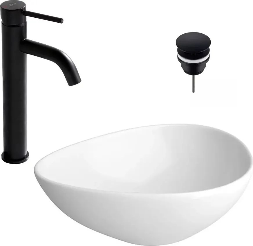 Pachet lavoar pe blat Cersanit Moduo alb 56.5 cm, baterie lavoar Rea Lungo negru si ventil lavoar Click-Clack negru