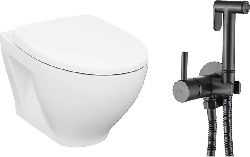 Pachet vas wc suspendat Cersanit Moduo, capac softclose si set dus igiena intima negru cu baterie incastrata Invena Bidetta