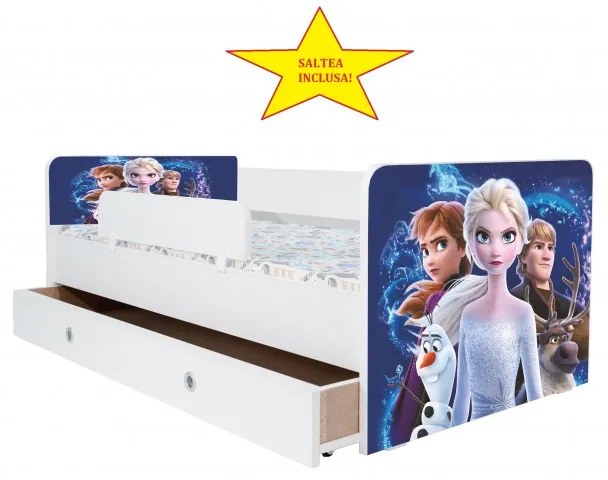 Pat Kiddy, imprimat cu Elsa, cu protectie si saltea, 130x60 cm