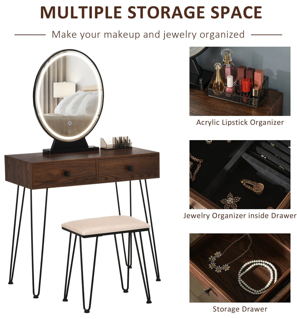 HOMCOM Masa de toaleta cu Oglinda Stil Industrial Lumini tip LED si Taburet Culoare Nuc