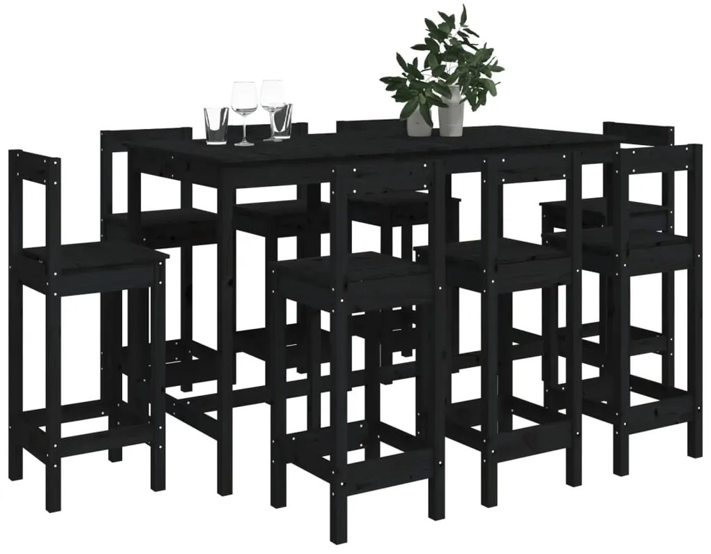 Set mobilier de bar, 9 piese, negru, lemn masiv de pin