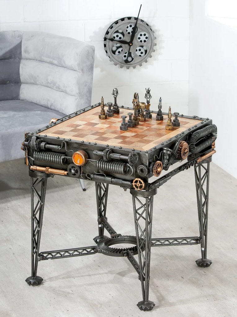 Masuta tabla sah Steampunk, Metal, Negru Maro, 67x67x67 cm