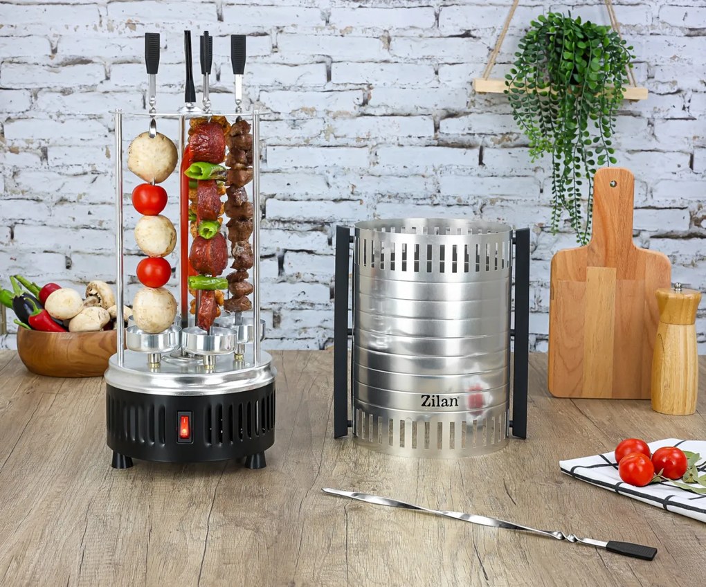 Gratar vertical Zilan ZLN5565 argintiu, putere 900W, rotatie automata, 5 bete pentru frigarui