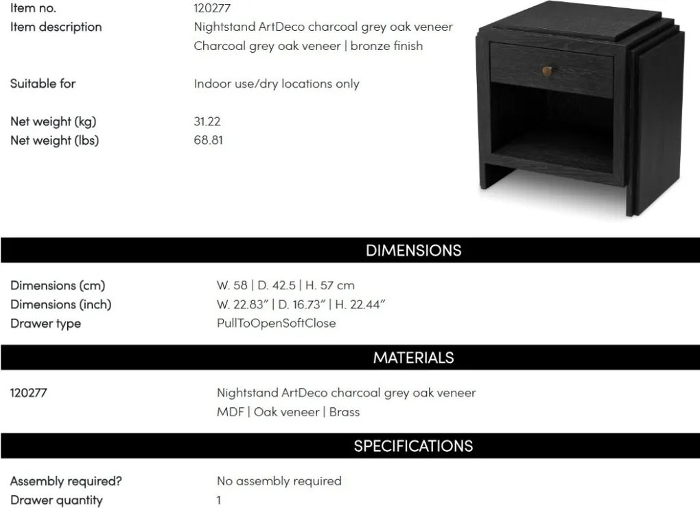 Noptiera LUX Furnir Stejar Gri Carbune, ArtDeco