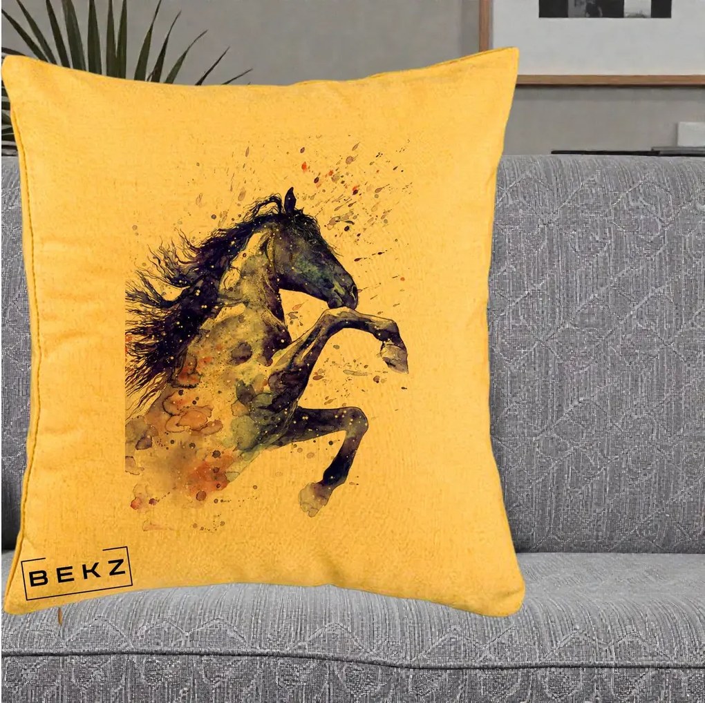 Perna Decorativa Cal Albastru Acuarela, 40x40 cm, Galben, Husa Detasabila, Perna Inclusa, BEKZ®