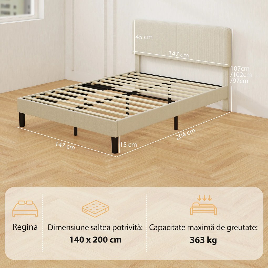 HOMCOM Cadru de Pat Matrimonial 140x200 cm Cap de Pat Reglabil pe Înălțime Îmbrăcat în Catifea, Pat Matrimonial cu Șipci de Lemn, pentru Dormitor, Montaj Ușor, Gri Deschis | Aosom Romania