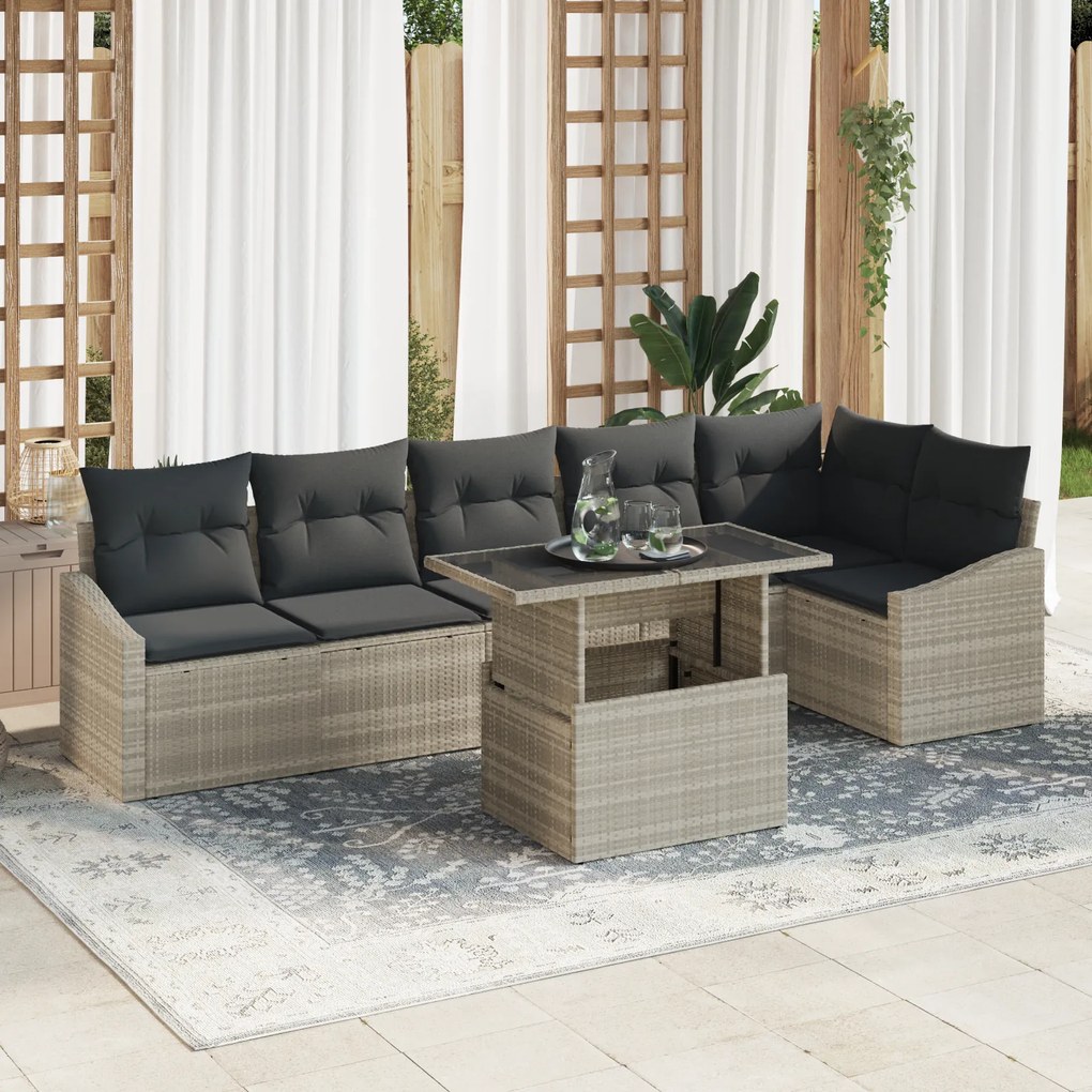 vidaXL Set de canapea de grădină cu 7 piese și perne, gri deschis, din rattan poly