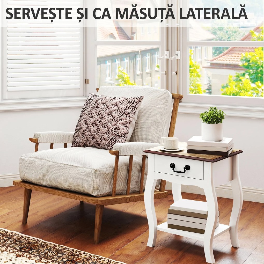 HOMCOM Noptieră Modernă cu Sertar și Raft Deschis din Lemn Alb și Lemn Natural | Aosom Romania