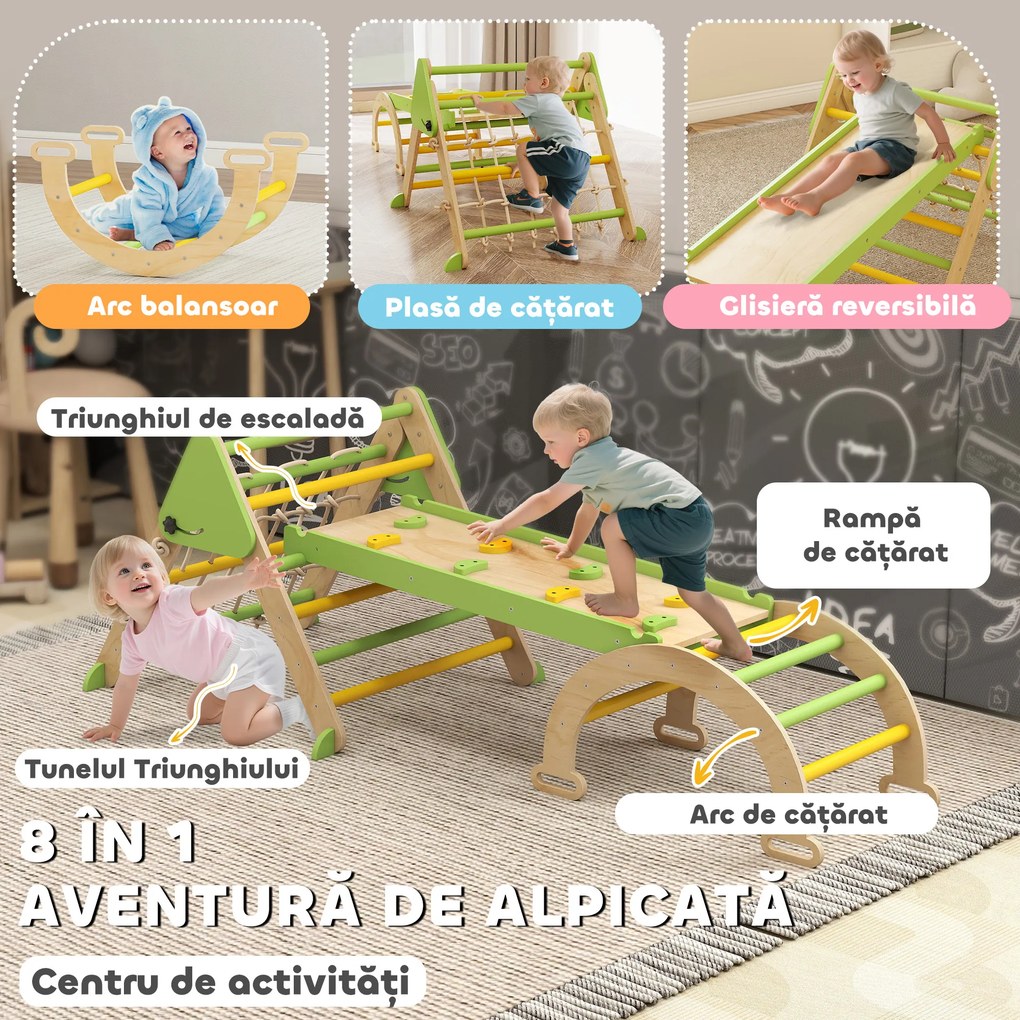 AIYAPLAY Set de Joacă pentru Copii 5 în 1 cu Triunghi, Perete Neted și Arc, din Lemn de Plop și Pin, 191.5x74.5x63 cm | Aosom Romania