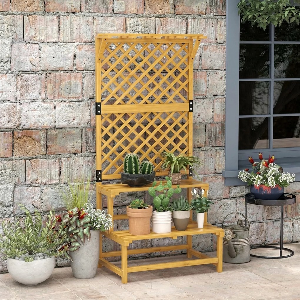 Outsunny Suport pentru plante, raft pentru flori, 2 niveluri, cu spalier și acoperiș, lemn de brad, 75x50x166cm, galben | Aosom Romania